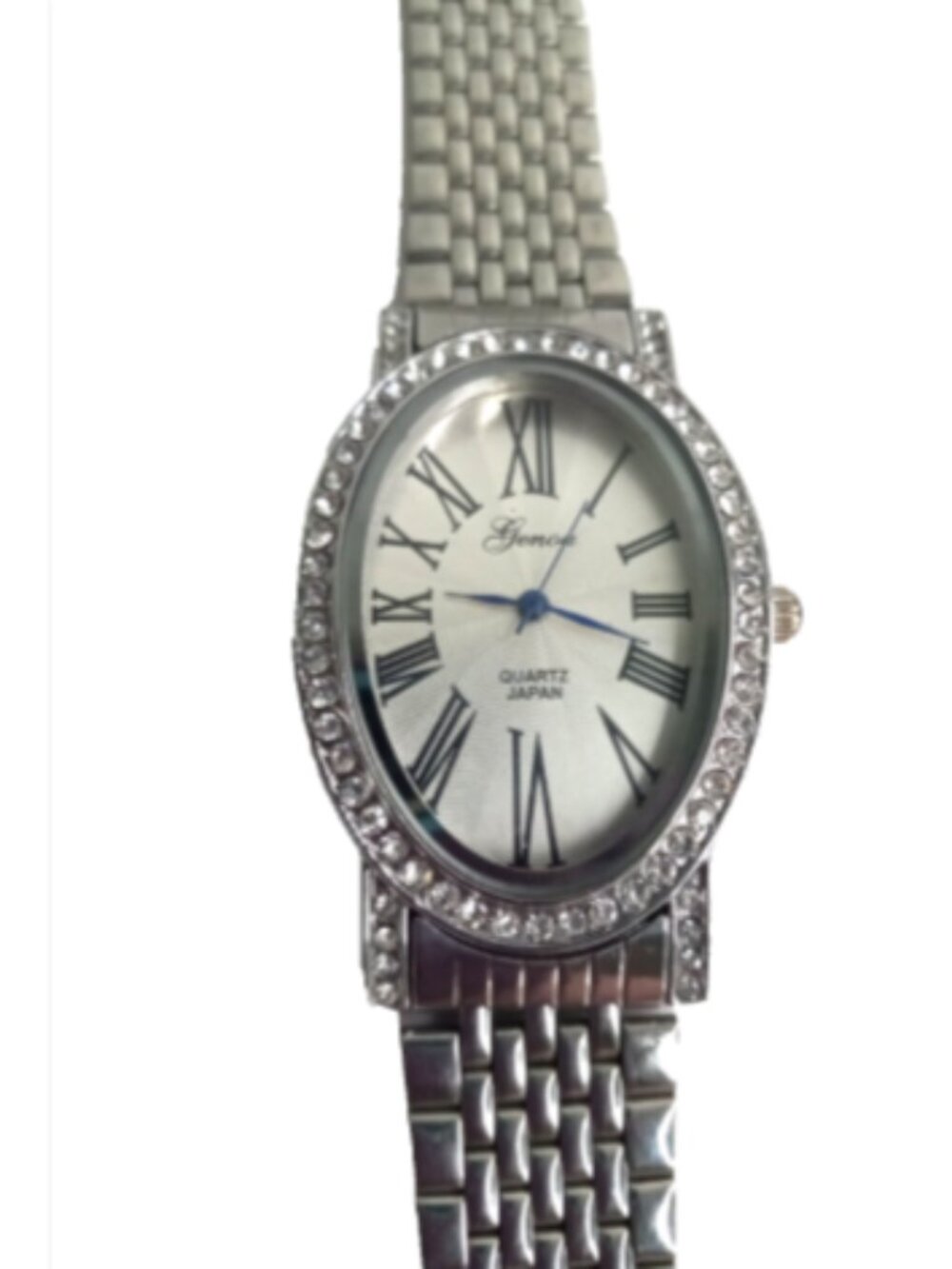 Genoa Ladies Curved Oval Quartz Watch Rhinestone Bezel Roman Numerals Runs